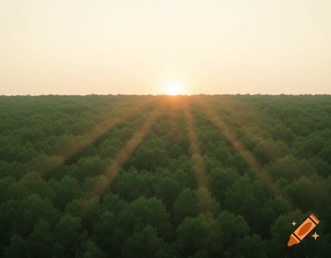 Aerial view of a dense green forest under a cream-colored sky with the sun setting, casting rays of light over the trees.