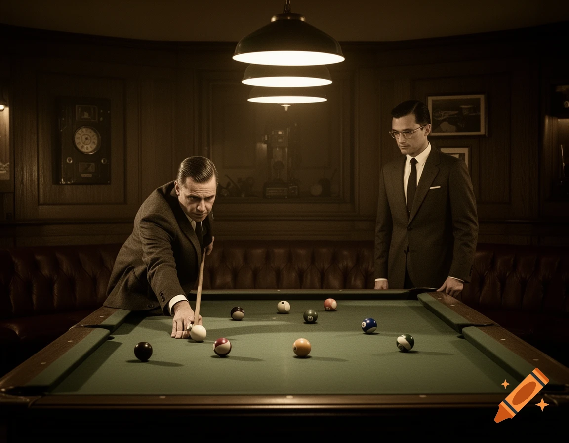 Two well-dressed men playing billiards in a dimly lit, vintage-style room.