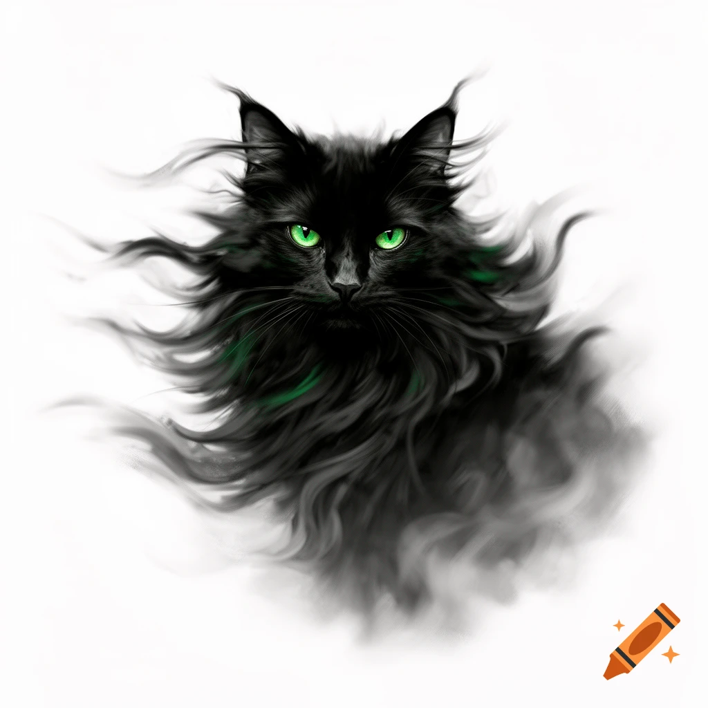 A striking black cat with vibrant green eyes and long, flowing, smoky fur against a white background.