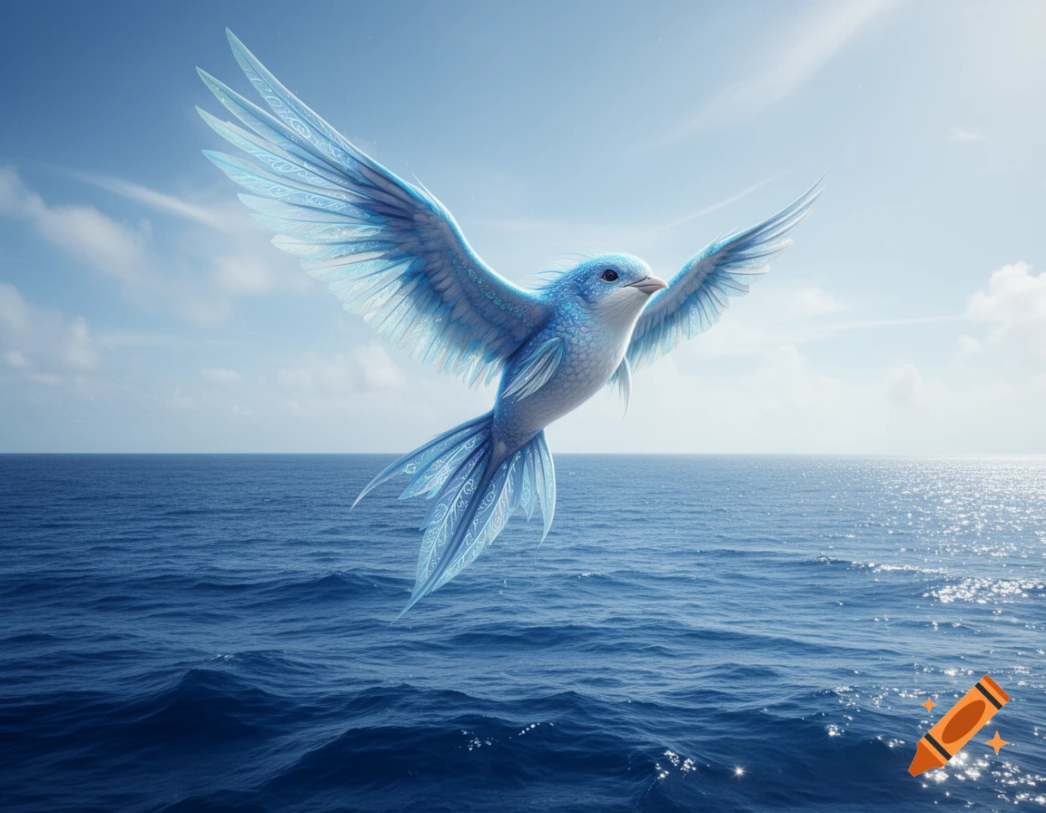 A shimmering blue and white fantasy bird with intricate patterns on its wings flies over a vast blue ocean under a bright sky.