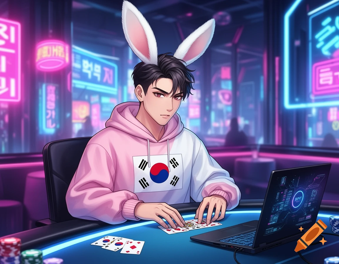 An anime-style man with white rabbit ears and a pink and white hoodie with the South Korean flag sits at a neon-lit poker table, looking at his cards with a gaming laptop open nearby.
