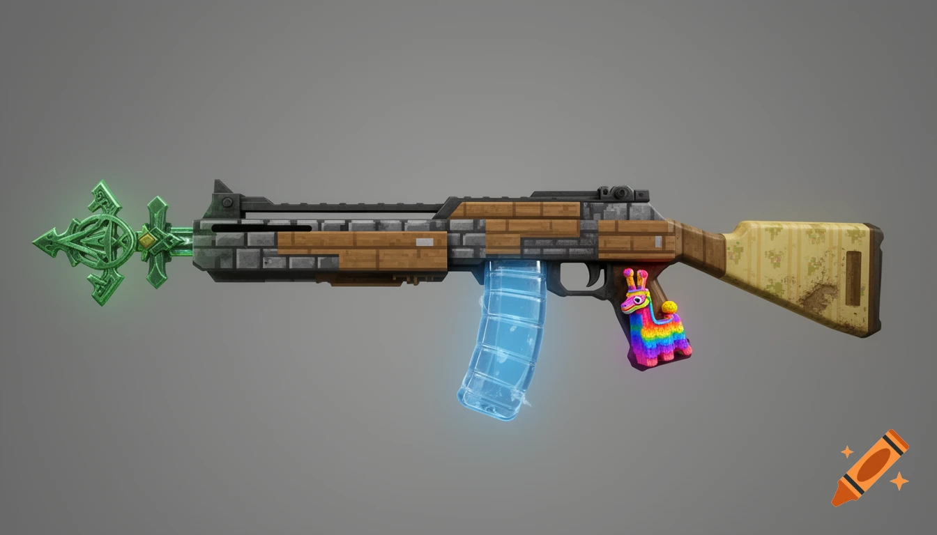 Concept art of a crossover video game weapon with Minecraft, Zelda, Fortnite, and Backrooms elements, isolated on a grey background.