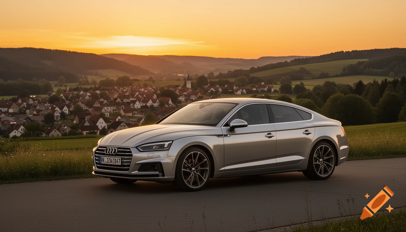 Silver Audi A5 parked on a road overlooking a village and rolling hills at sunset, golden light filling the sky.