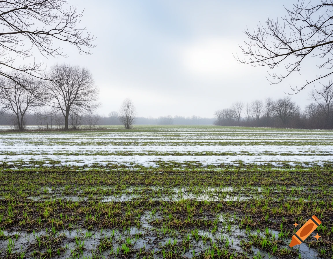 A field partially covered in snow and green sprouts under an overcast sky, with bare trees in the background.