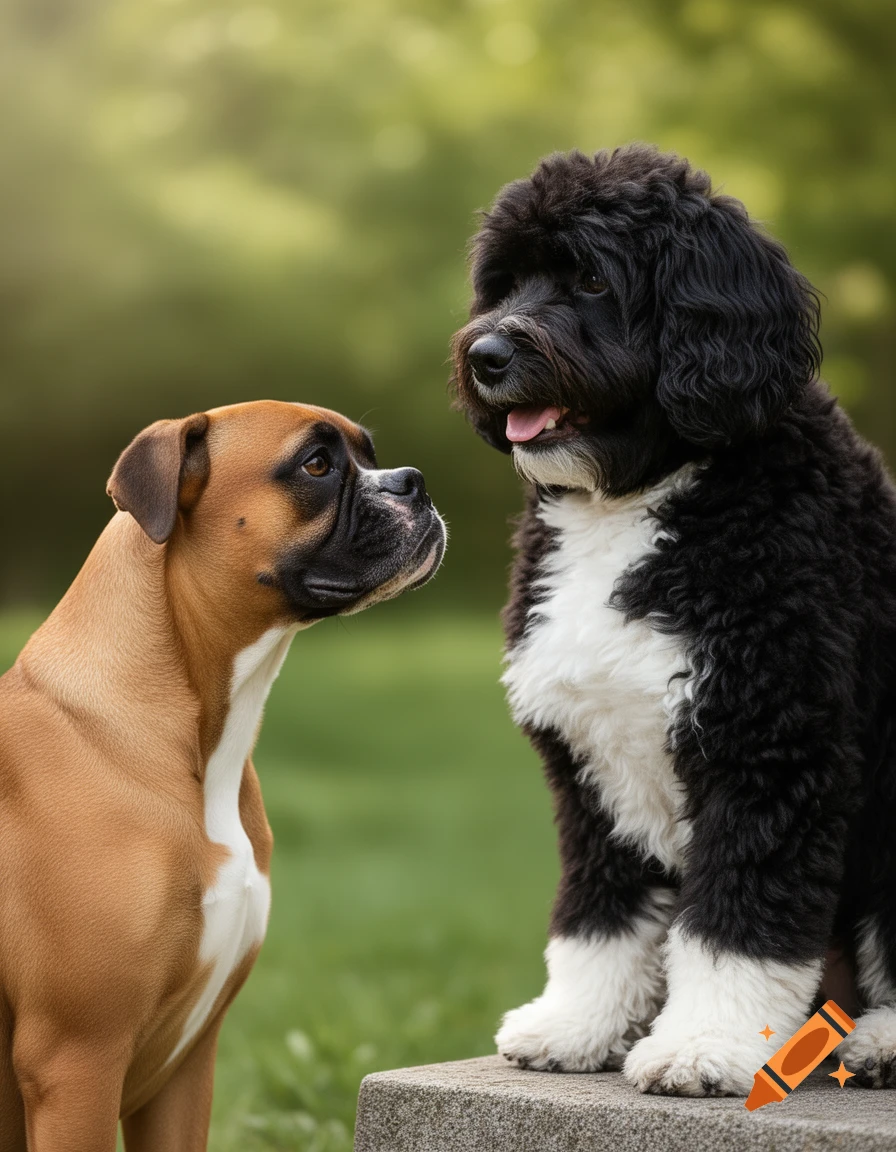 A photorealistic image of a friendly fawn boxer and a black and white cockapoo dog happily facing each other outdoors.