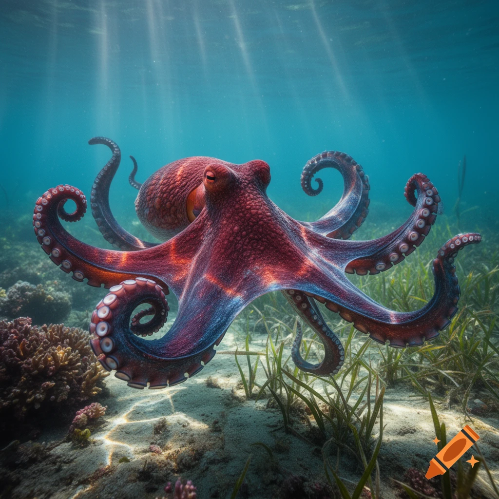 A vibrant red octopus with blue iridescent markings swims gracefully in clear blue ocean water, with sunlight filtering through from above.