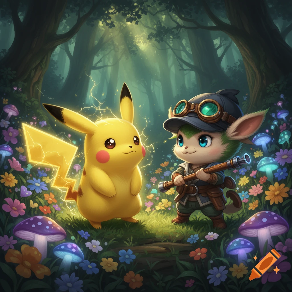Pikachu with electric sparks and Teemo holding a spyglass stand in a vibrant, magical forest filled with colorful flowers and glowing mushrooms.