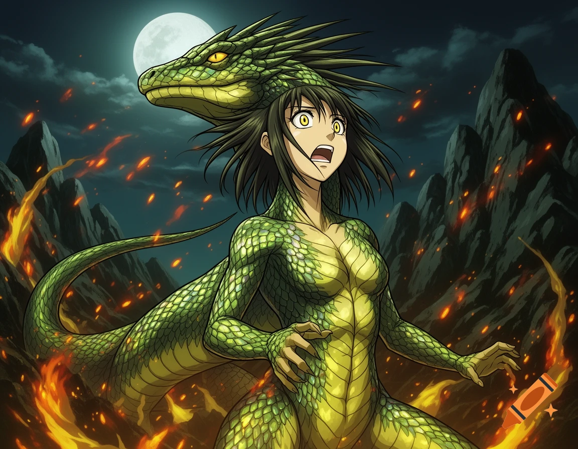 An anime woman transforms into a green lizard monster with a startled expression, amidst fire and mountains under a full moon.