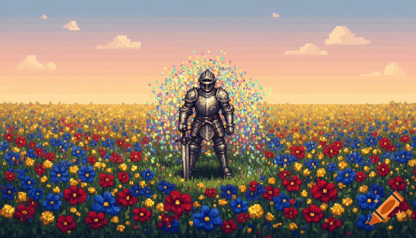 A pixel art knight stands in a vibrant field of red, blue, and yellow flowers under a soft sunset sky.