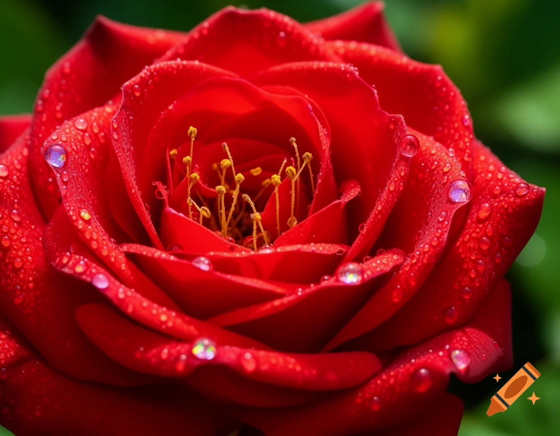 Close-up, photorealistic red rose with water droplets on petals and visible yellow stamens, against a blurred green background.