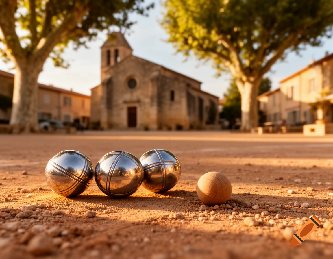 Close-up of three metal petanque balls and a wooden jack on a dirt court, with a blurred sunny Provençal village church and trees.