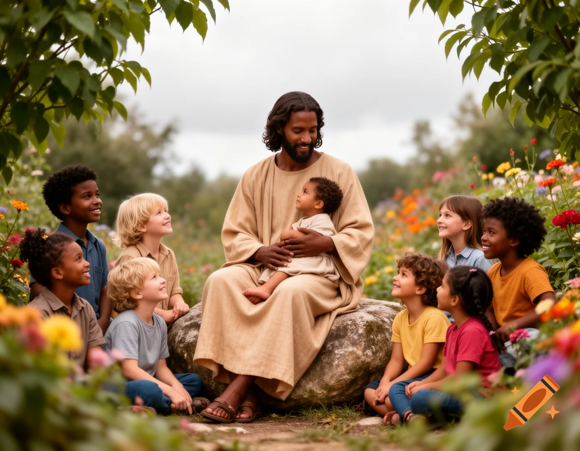 Photorealistic image of a dark-skinned Jesus sitting on a rock in a flower garden, holding a child and surrounded by diverse children.