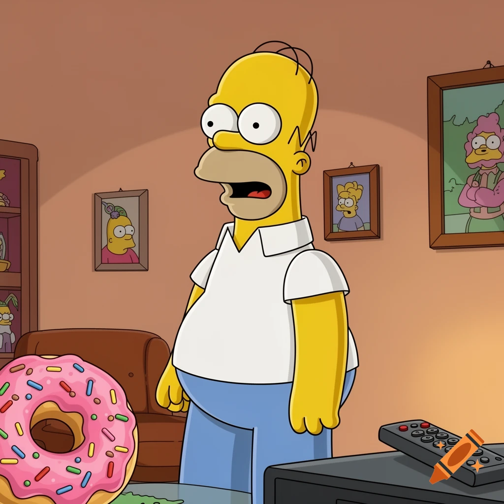 Homer Simpson stands in a living room, looking surprised, with a pink donut and a TV remote in the foreground.