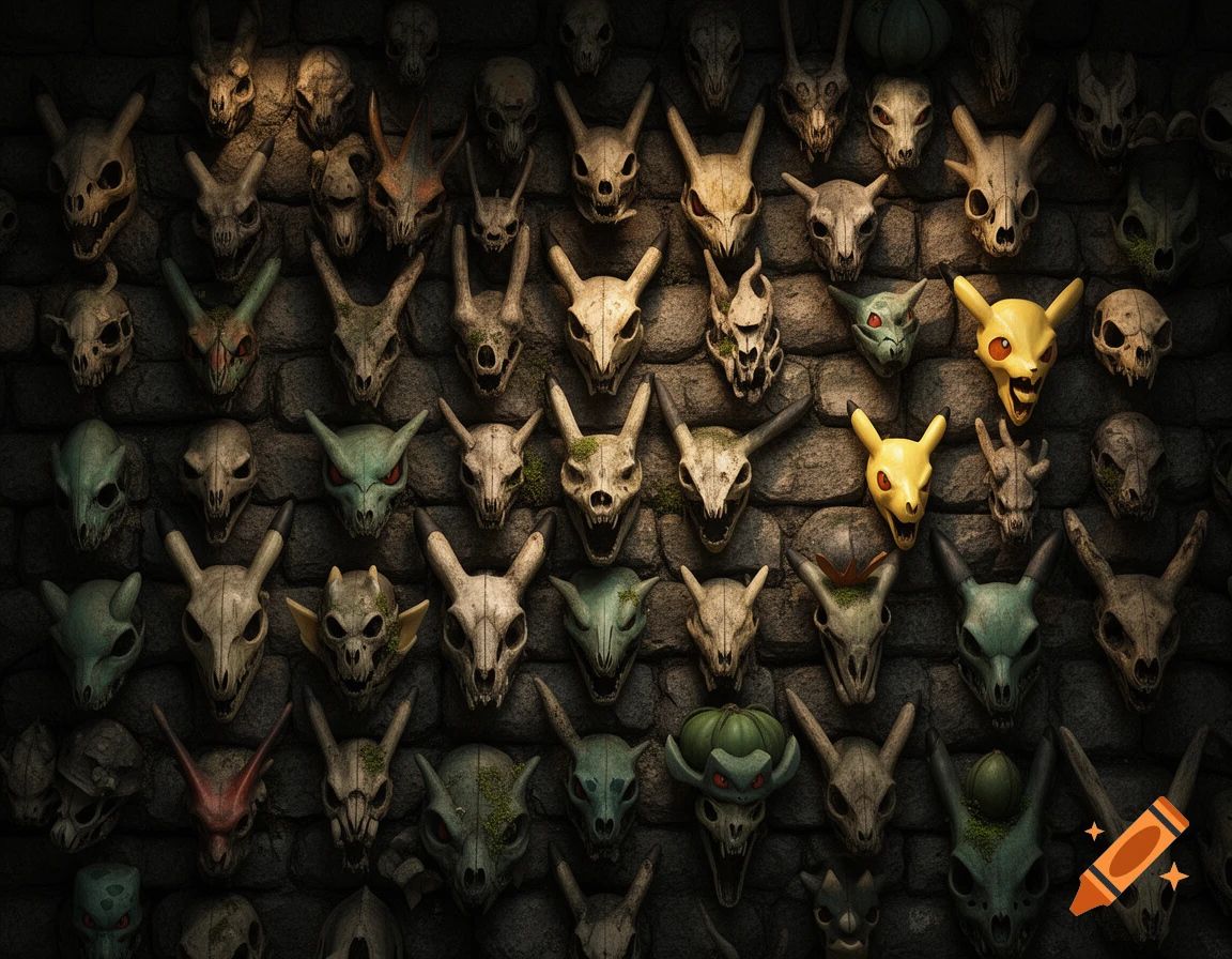A dark stone wall covered with many stylized, macabre skulls, including those resembling Pikachu and other Pokémon.