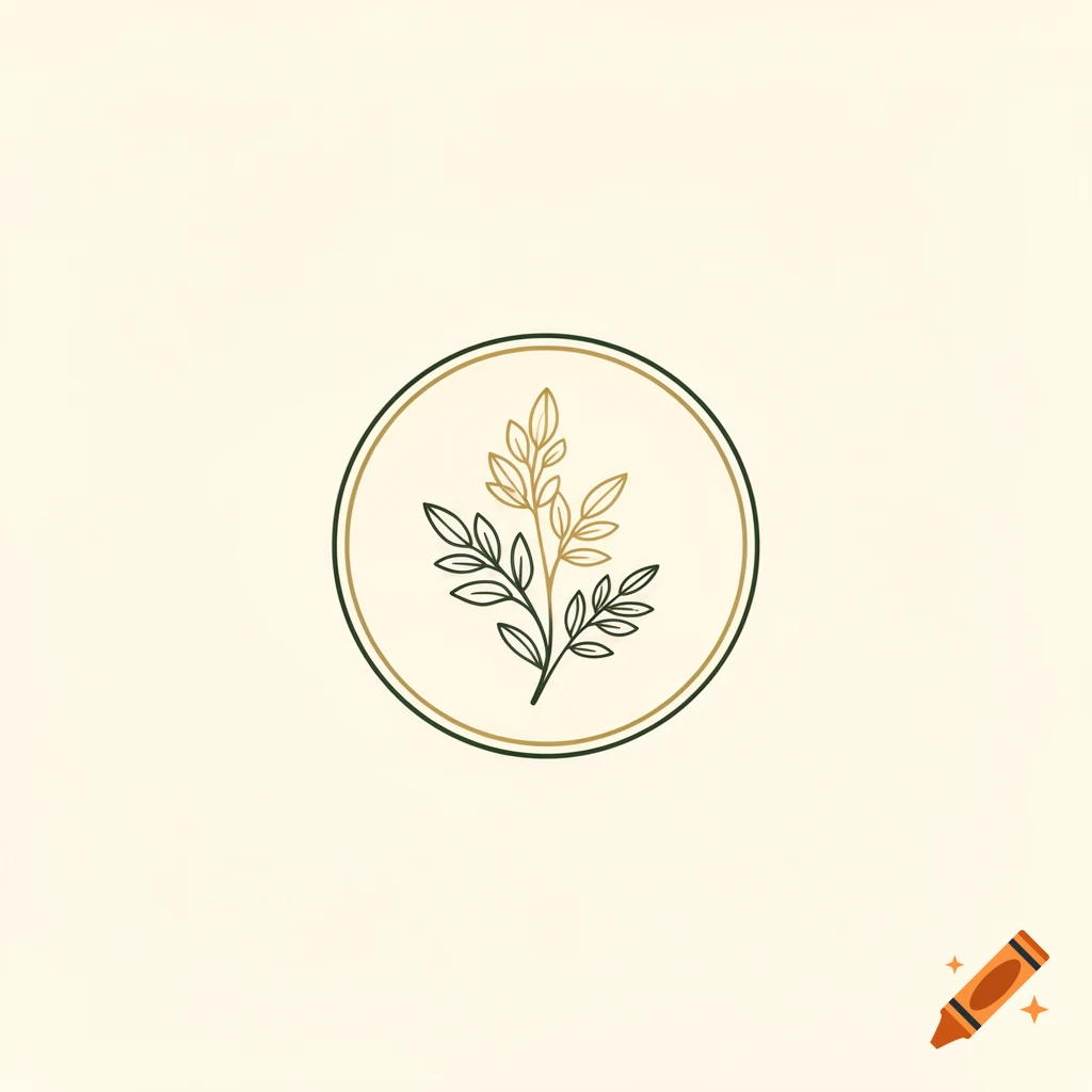 Minimalist illustration of a plant branch with golden and dark green leaves in a double-lined circle on a cream background.