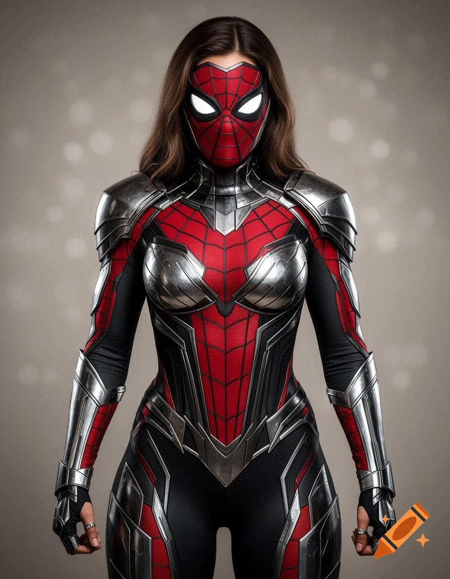 A woman in a red, black, and silver arachnid-themed superhero suit with knight armor elements and a masked face.