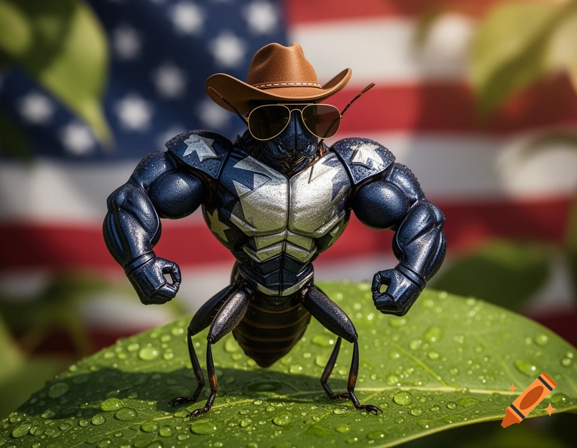 A photorealistic, muscular assassin bug wearing a cowboy hat and sunglasses stands on a dew-covered leaf, with an American flag in the background.