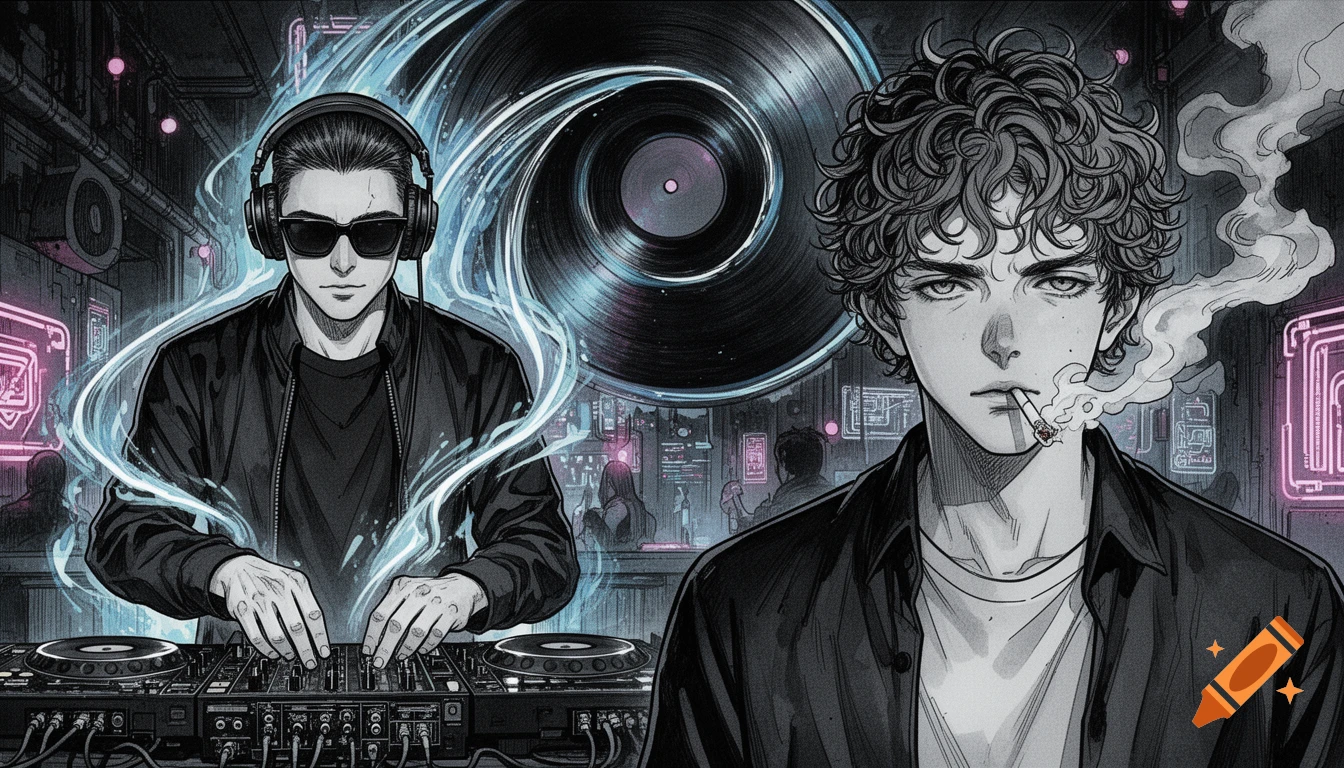 Two men in a black and white anime style. A DJ with headphones mixes music at a club, while another man smokes a cigarette, with a giant vinyl record in the background.
