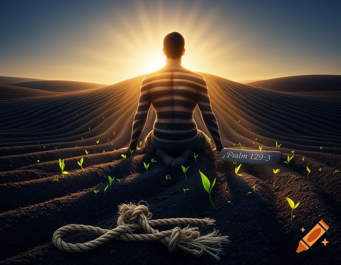A person with a striped back kneels in a dark plowed field at sunrise, blending into the hills. Green sprouts, a broken rope, and "Psalm 129:3" on a stone.
