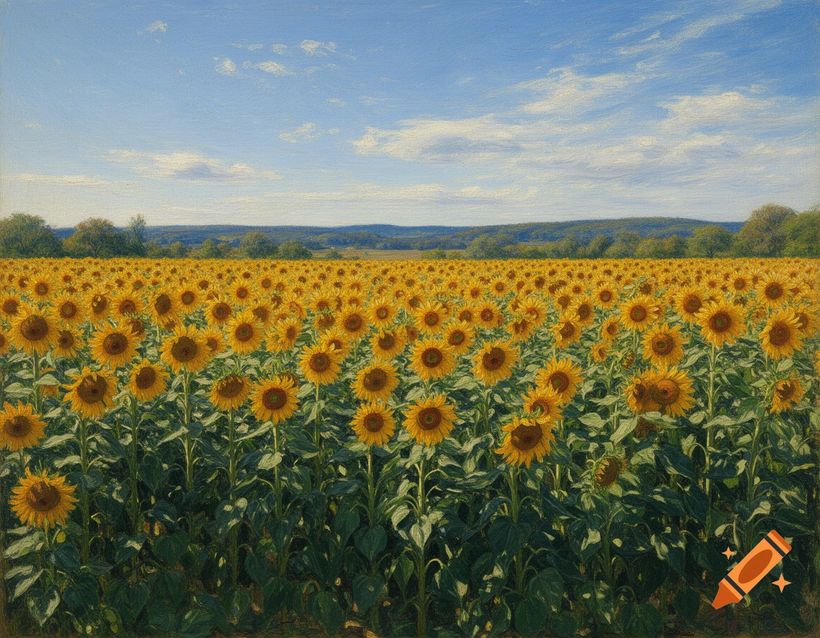 A wide painting of a vibrant field of sunflowers under a bright blue sky with wispy clouds, in the style of Max Liebermann.