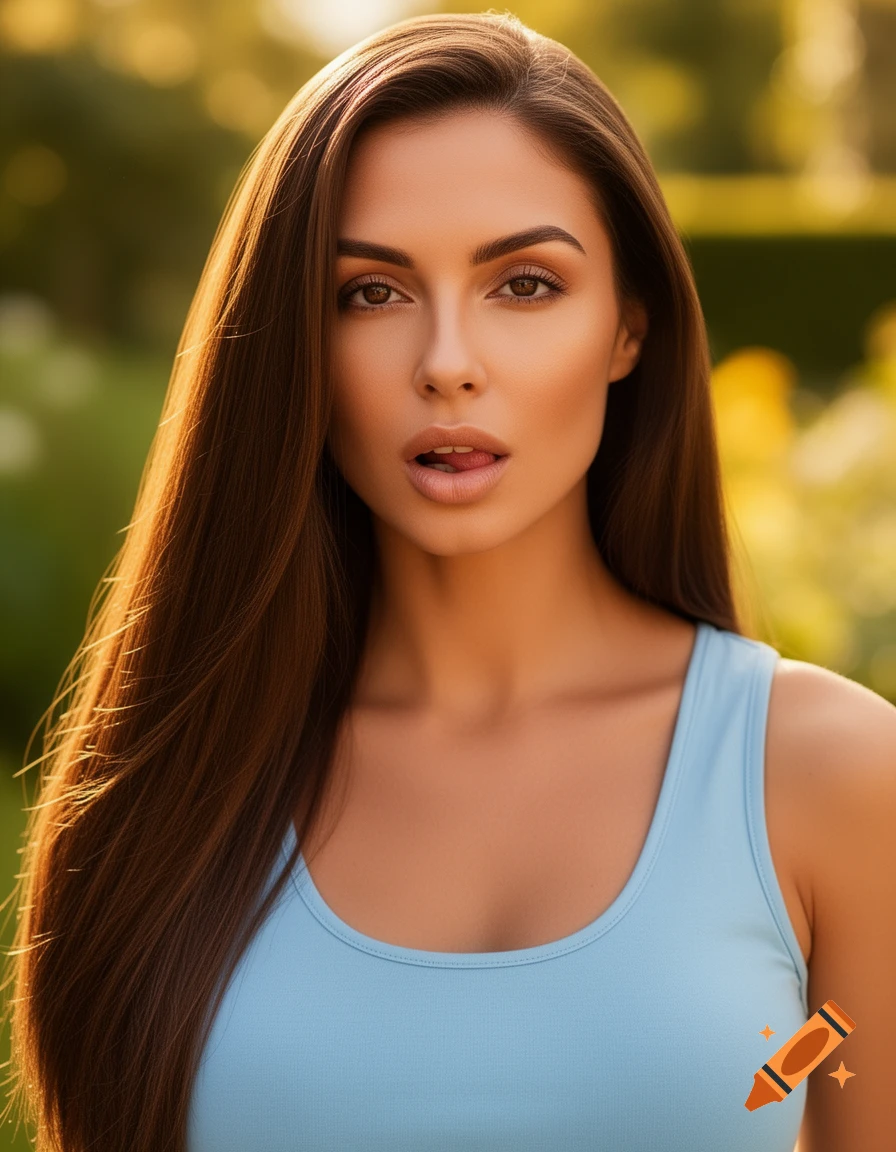 Photorealistic portrait of a woman with long brown hair, wearing a light blue tank top, with a sensual stare and tongue out.