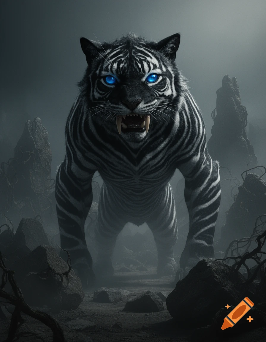 A menacing, monster-like black and white striped tiger with glowing blue eyes, standing on rocks in a foggy, dark landscape.