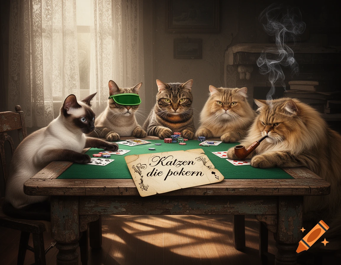 Five photorealistic cats playing poker at a table, one in a visor, another smoking a pipe.