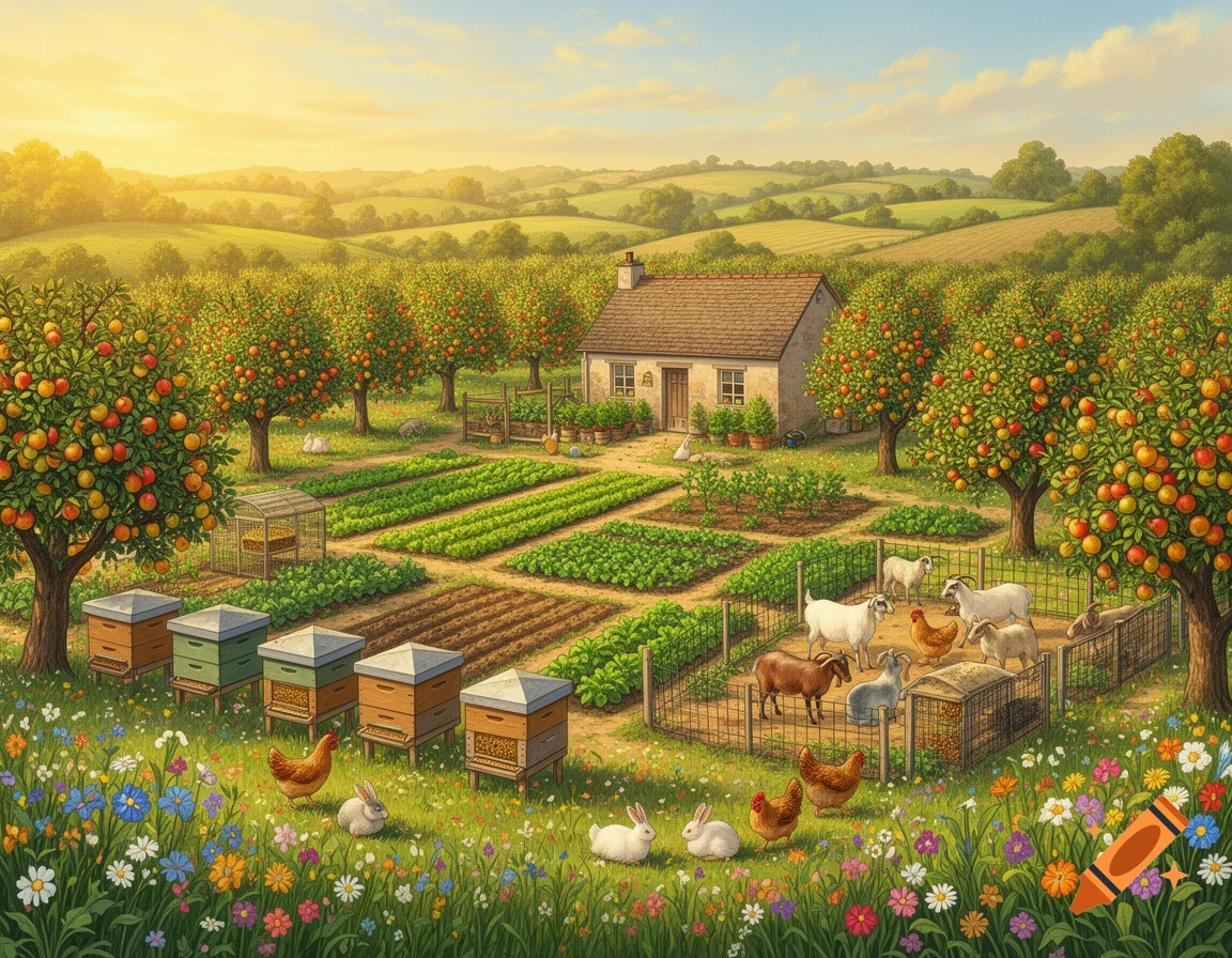 Vibrant farm with a house, apple orchard, vegetable patches, beehives, goats, chickens, and rabbits under a sunny sky.
