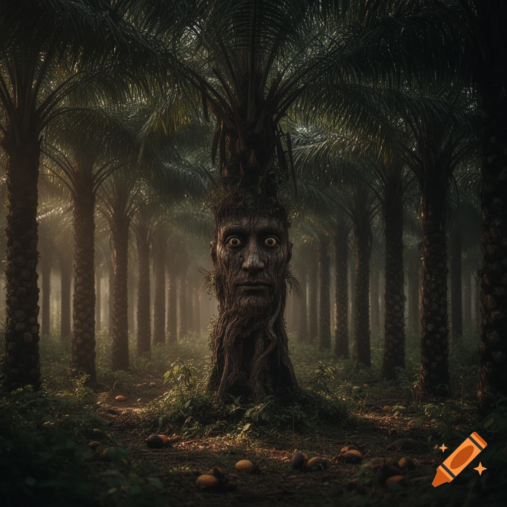 A creepy palm oil tree with a human-like face and wide, round eyes stands in a dark, misty palm oil forest with fallen fruit.