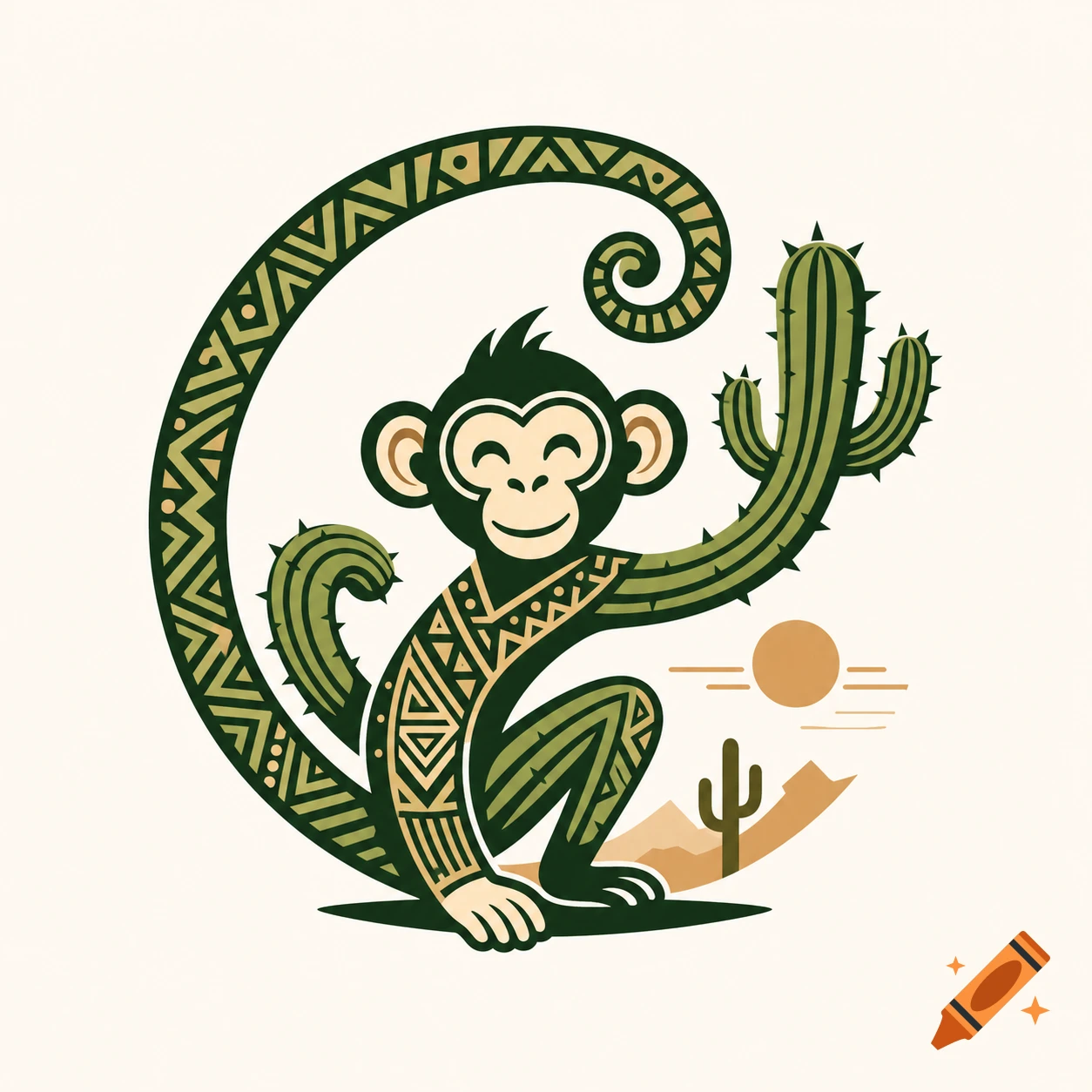 Stylized monkey and cactus logo with tribal patterns in a desert setting.