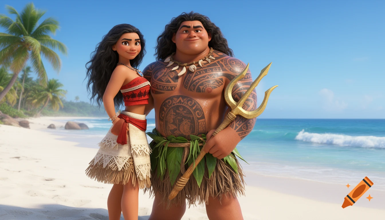 Animated Moana and Maui stand on a sunny beach with palm trees and a blue ocean.