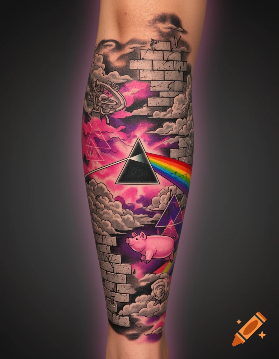 A vibrant Pink Floyd leg tattoo featuring the Dark Side of the Moon prism, rainbow, flying pig, brick wall, and clouds.