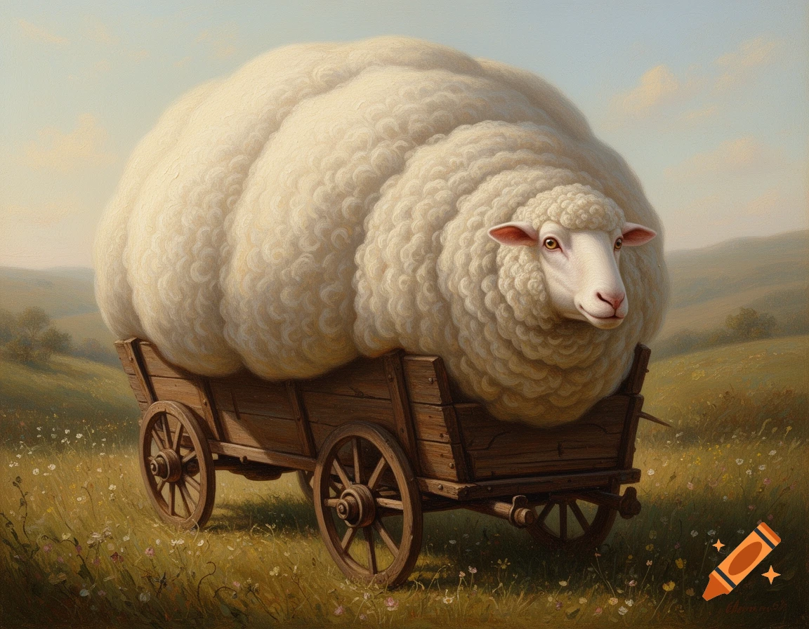 A comically massive, fluffy white sheep with a normal head sits in a large wooden cart in a grassy field, painted in an oil style.