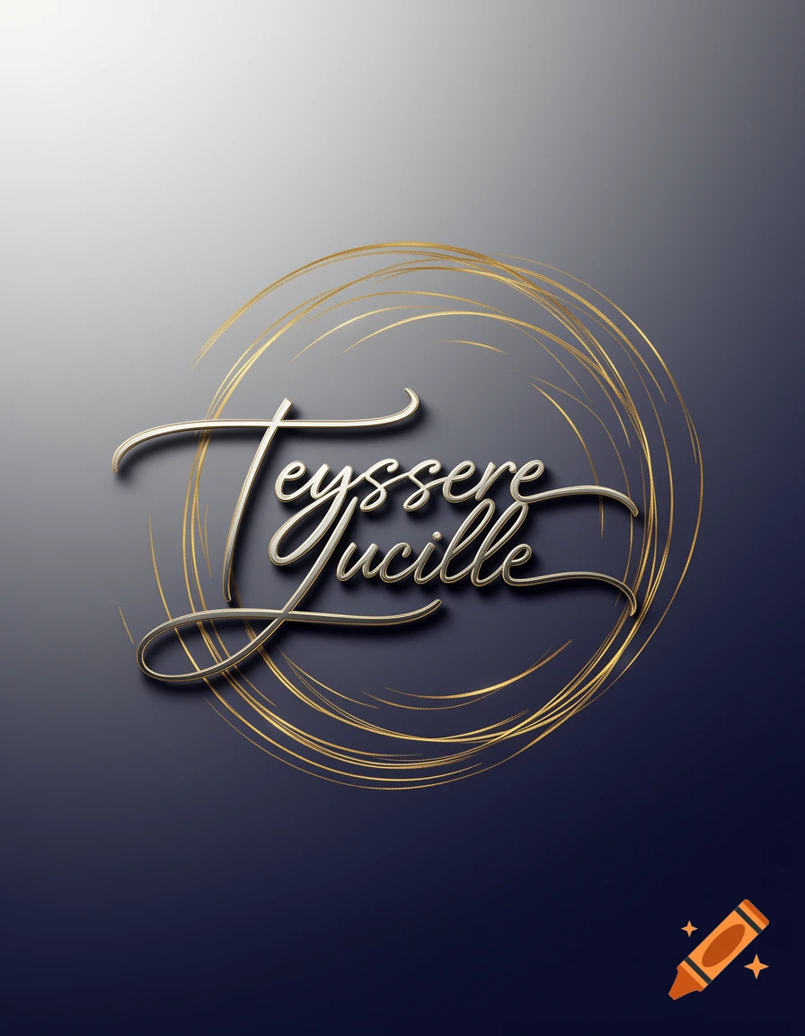 Gold metallic cursive text 'Teyssere Lucille' logo with abstract gold swirls on a dark gradient background.
