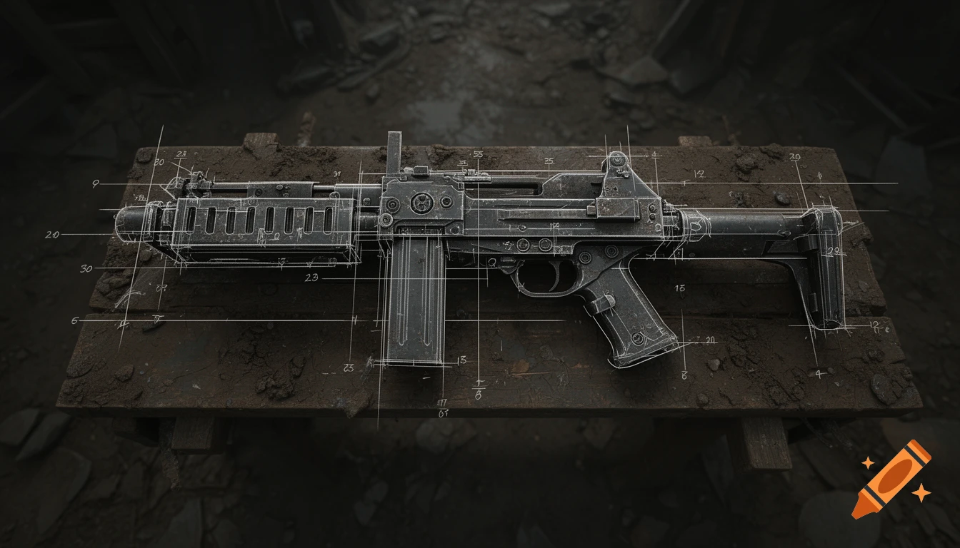 Gritty blueprint diagram of a sci-fi laser rifle on a muddy workbench, in a technical schematic style.