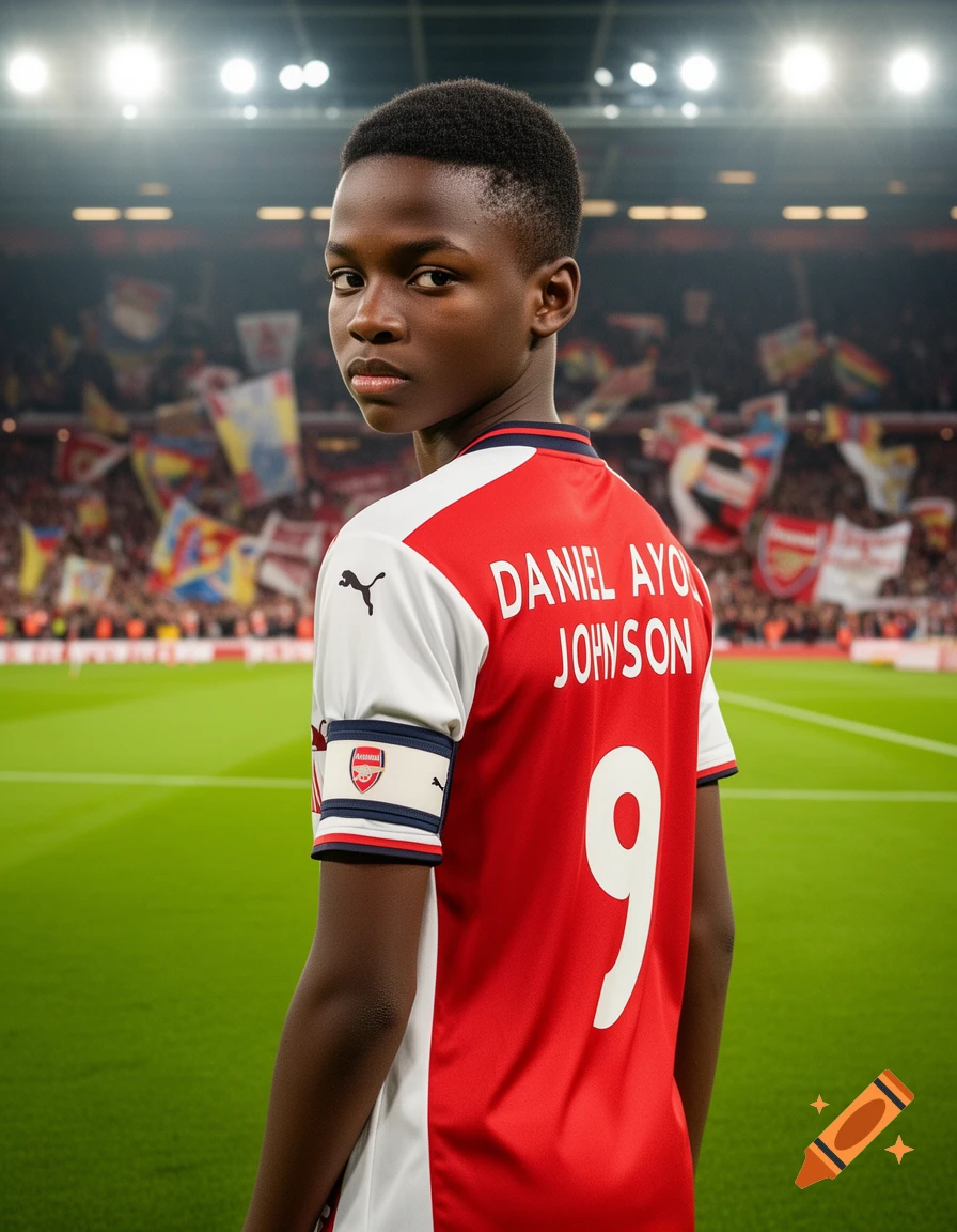 Young Black boy in an Arsenal football jersey with number 9 and 'DANIEL AYO JOHNSON' on the back, looking over his shoulder on a stadium field.