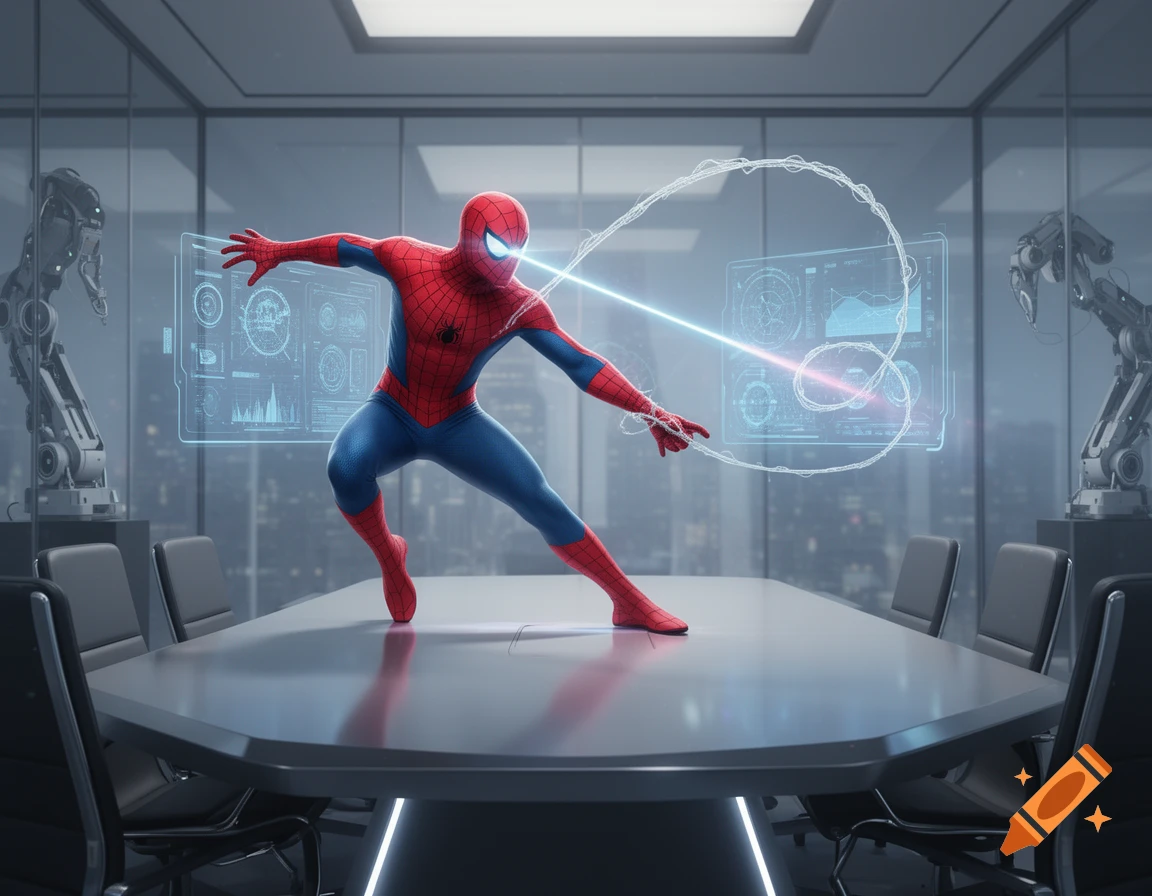 Spider-Man in a meeting room, shooting laser beams and energy webs, with holographic displays and robots.