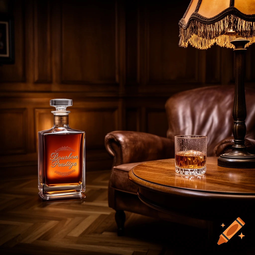 A photorealistic image of a bottle of Bourbon Prestige whiskey next to a glass with ice on a wooden table, in a dim, wood-paneled room with a leather armchair and lamp.