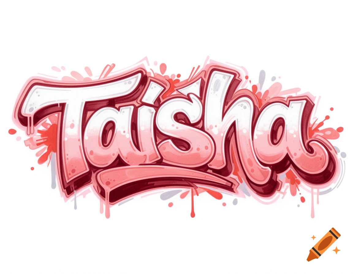 The name Taisha rendered in vibrant pink, white, and red bubble graffiti style with drips and splashes on a white background.