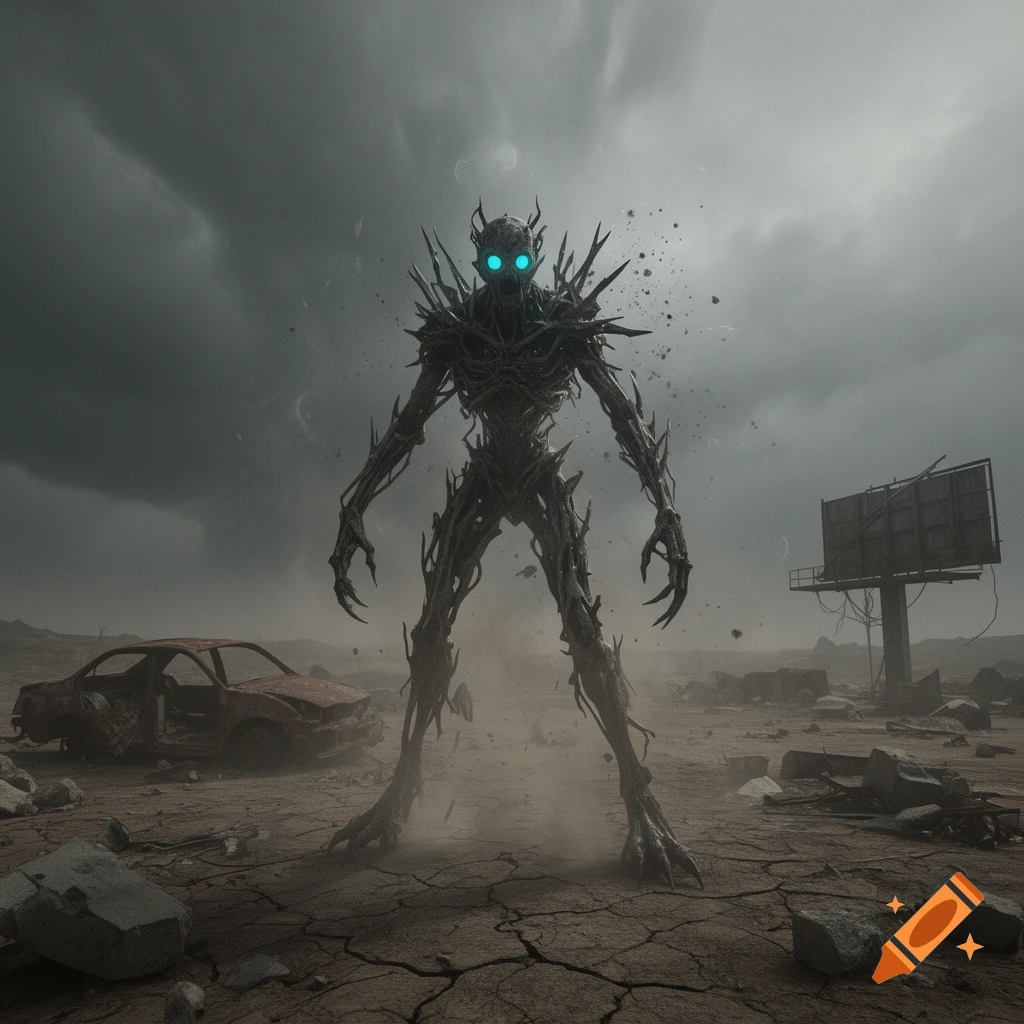 A towering, skeletal, thorny apocalyptic creature with glowing blue eyes stands in a desolate, cracked landscape next to a rusted car under a dark, stormy sky.