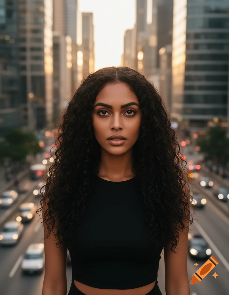 A photorealistic portrait of a woman with long dark curly hair and a black top, standing on a bridge above a blurred city street at sunset.