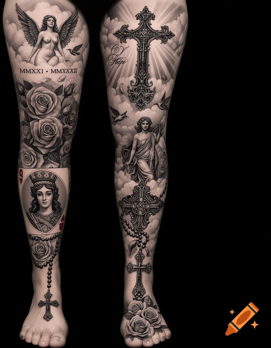 Detailed black and grey leg tattoos featuring an angelic figure, ornate crosses, a rosary, a queen portrait, a Greek goddess, roses, and clouds.