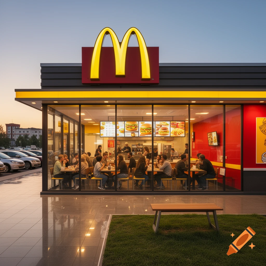 Photorealistic exterior view of a modern McDonald's restaurant at dusk, with glowing 'M' logo, people dining inside, and cars in the parking lot.