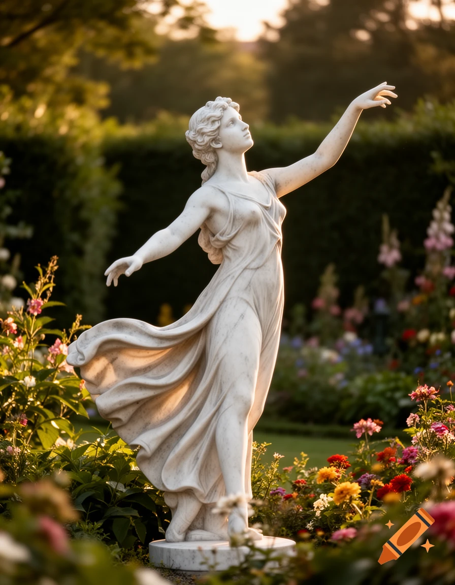 Photorealistic marble statue of a woman with flowing drapery, reaching upwards in a sunlit garden with colorful flowers.