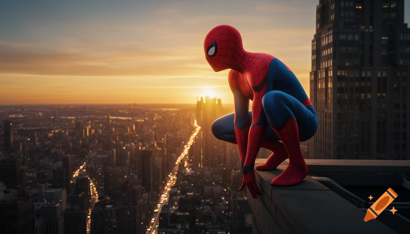 Photorealistic Spiderman perched on a skyscraper's edge, overlooking a vast city at sunset.