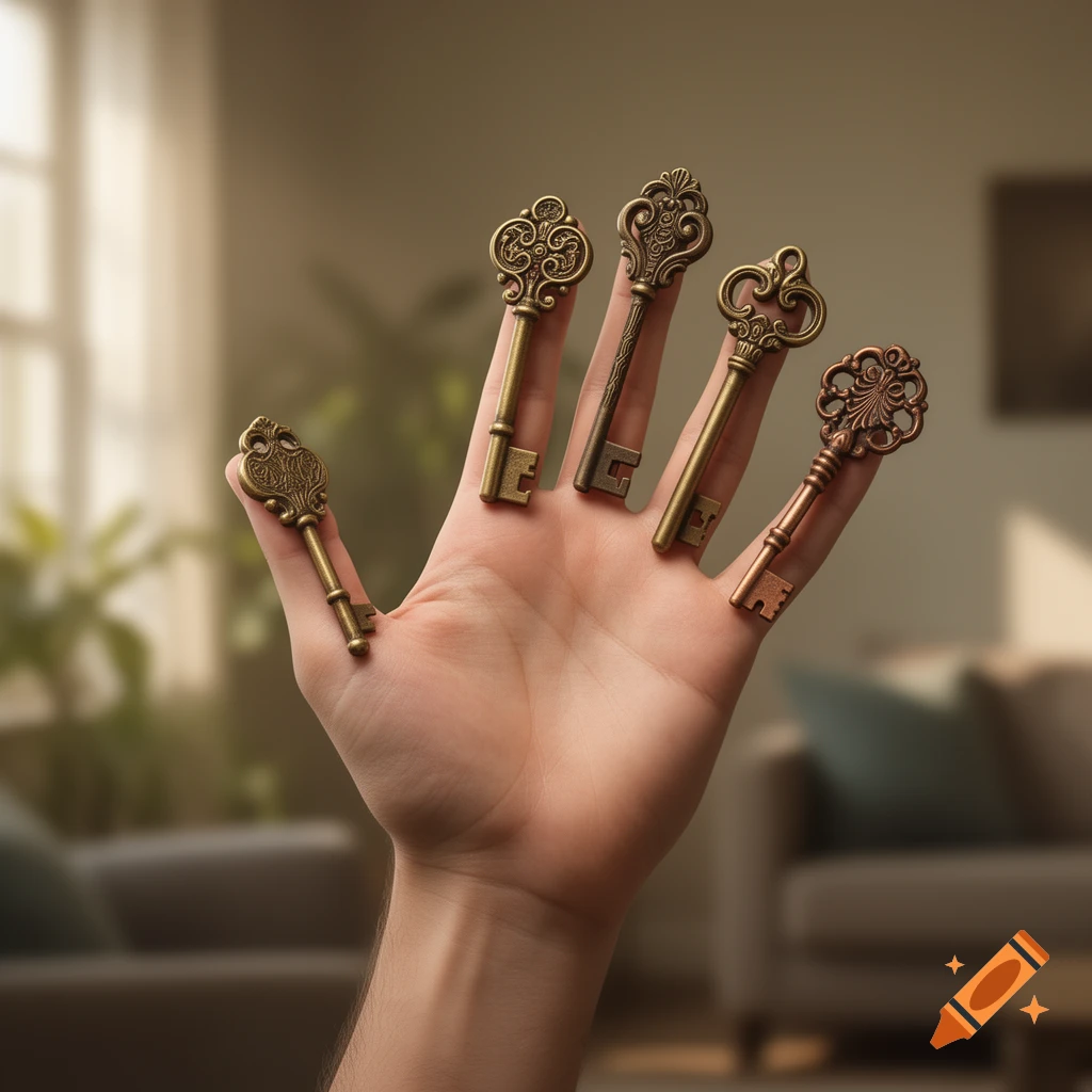 A close-up view of a hand with five antique-style keys placed vertically along each finger, set against a blurred indoor background.