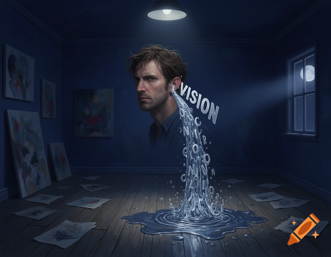 A man's head in a dark room with the word "VISION" and other letters pouring like liquid from his ear, pooling on the floor amidst scattered papers.