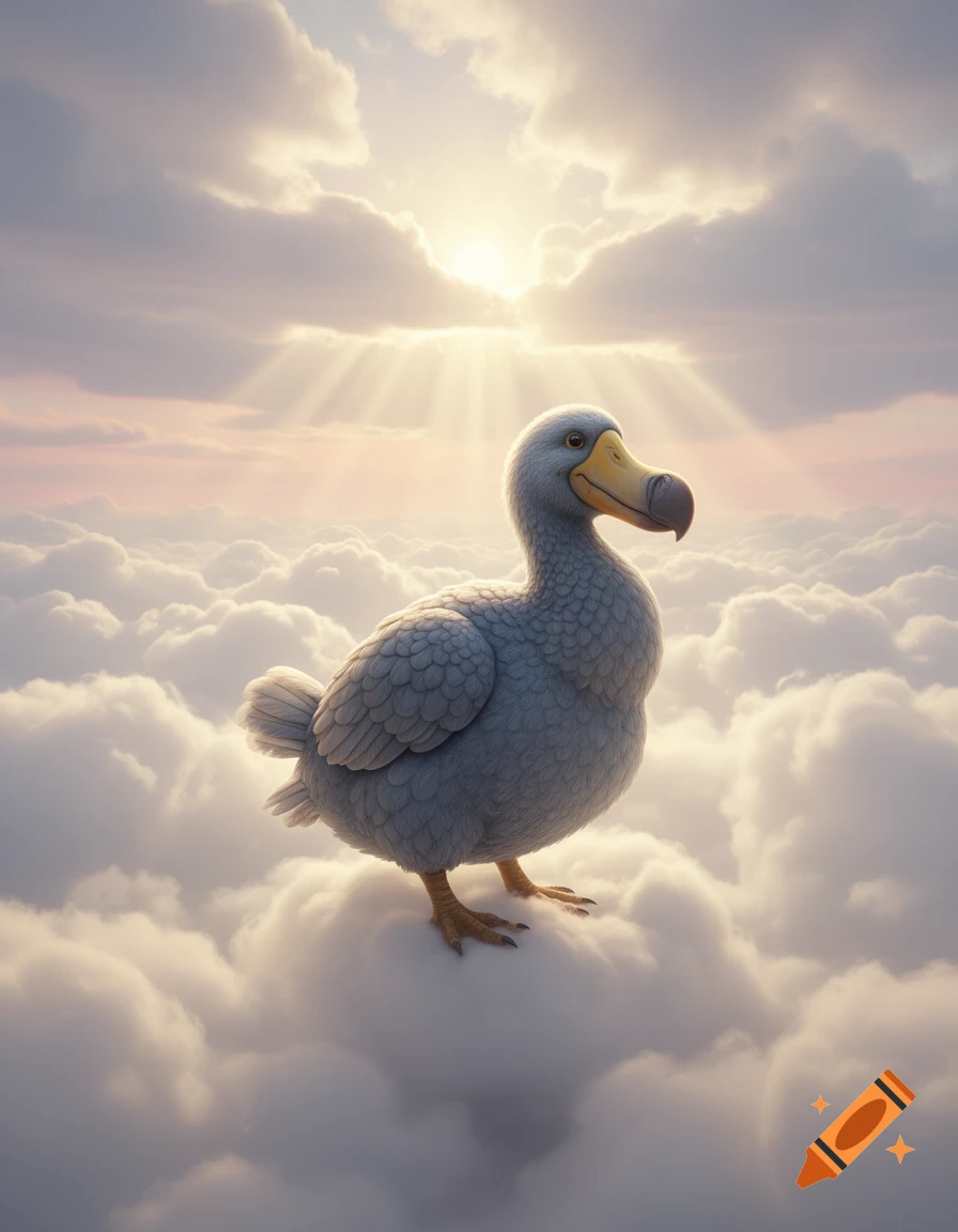 A cartoonish dodo bird stands on fluffy white clouds as sun rays break through a pastel pink and blue sky.