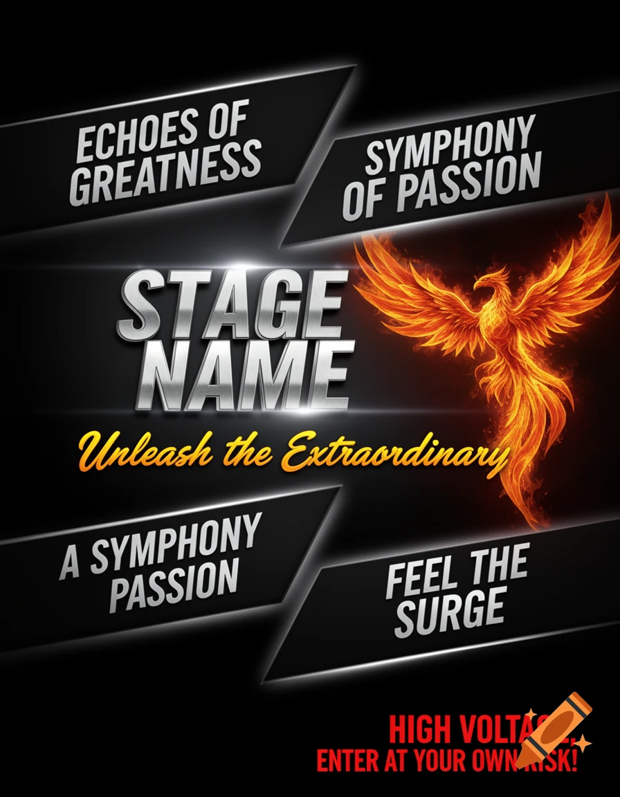 A dark, fiery advertisement poster with text "STAGE NAME" and "Unleash the Extraordinary". It features a bright orange phoenix and phrases like "ECHOES OF GREATNESS" and "HIGH VOLTAGE, ENTER AT YOUR OWN RISK!"