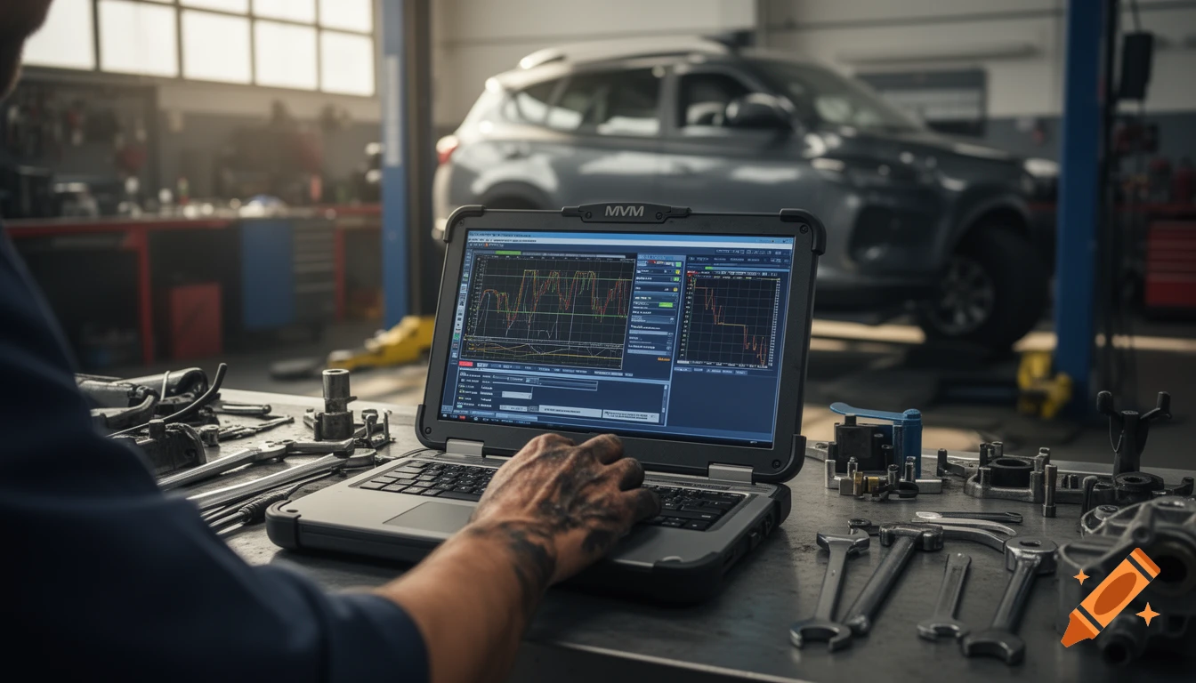 A mechanic's hands type on a rugged laptop displaying car diagnostic charts and data in a well-lit automotive workshop, with a car in the background. Photorealistic style.